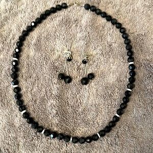 Vintage 1980s Faceted Beaded Necklace & clip on Dangle Earring Set